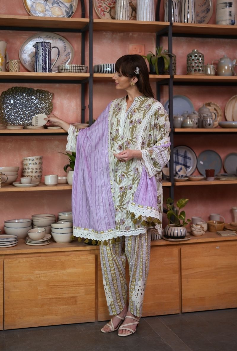 Ivory Handblock Print Raisa Tulip Salwar Set