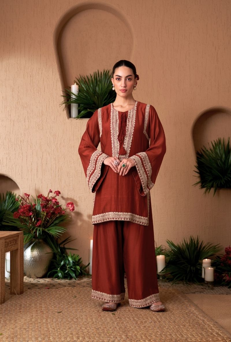 Brick Red A- Line Naveli Fasrshi Kurta Set