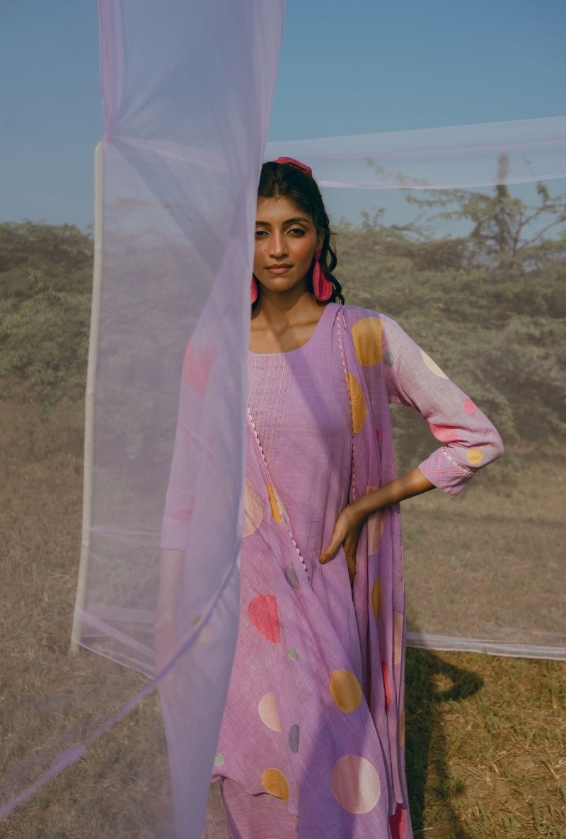 Lilac Colorful Polka Barfi Jacket Set
