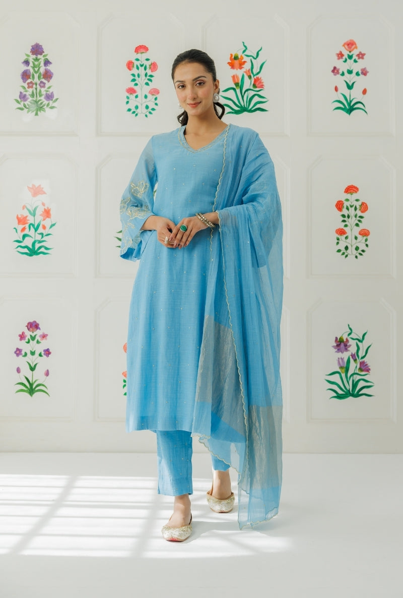 Light Blue Pitta Work Sleeve Baani Kurta Set