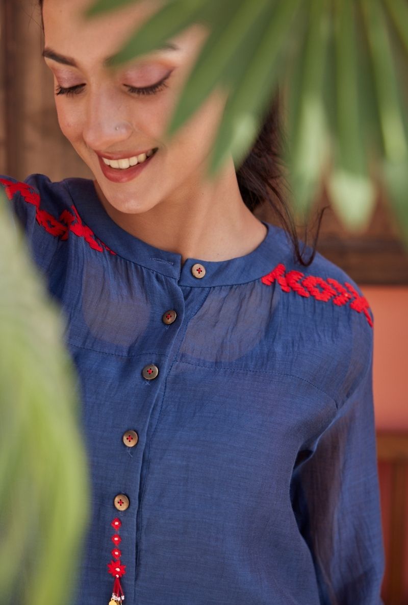 Blue A-Line Zig-Zag threadwork Maeri Kurta Set