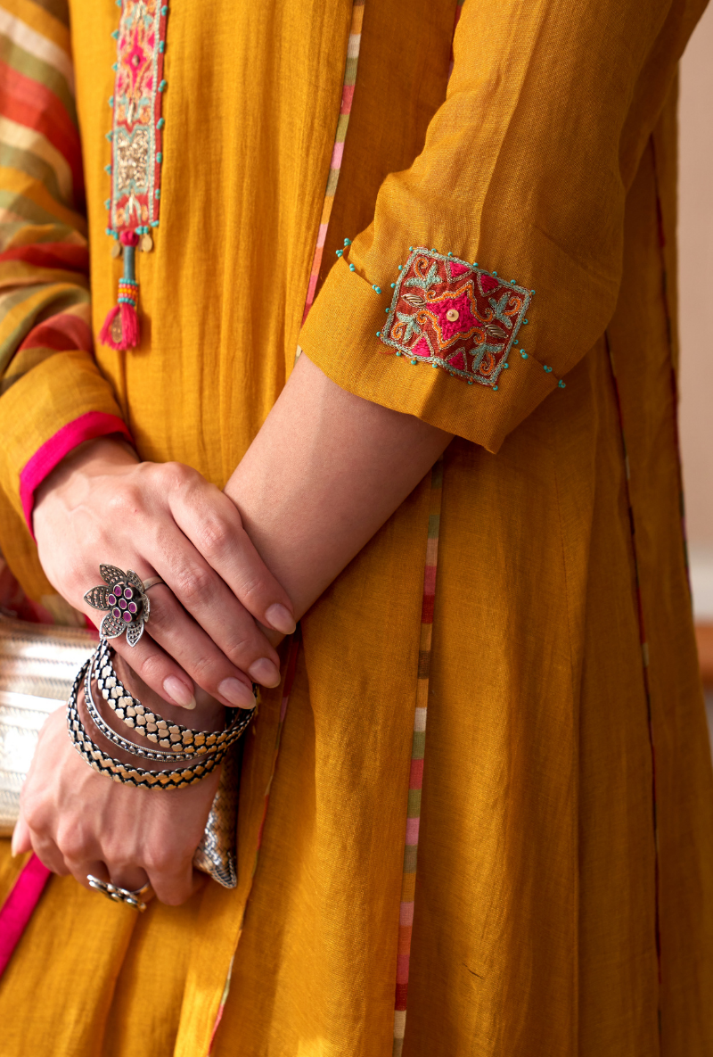 Mustard Embroidered Placket Bageecha Anarkali Set