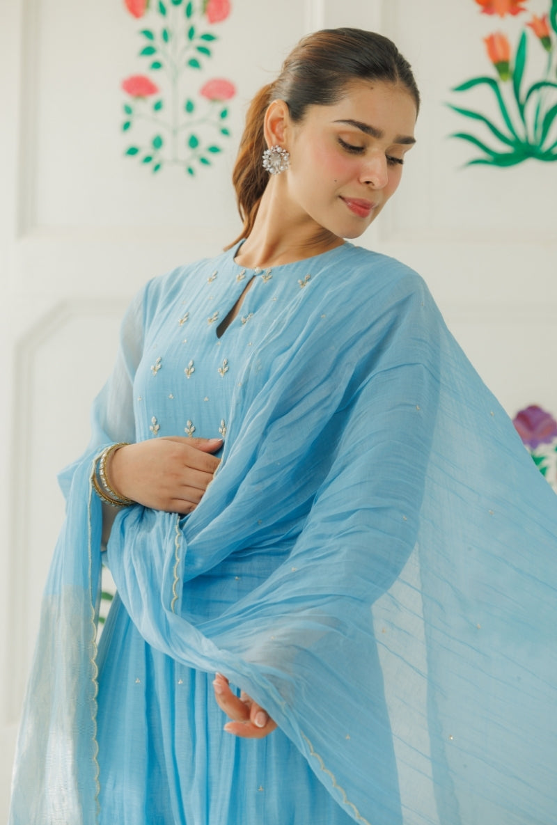 Light Blue Pitta Work Front Gather Baani Kurta Set