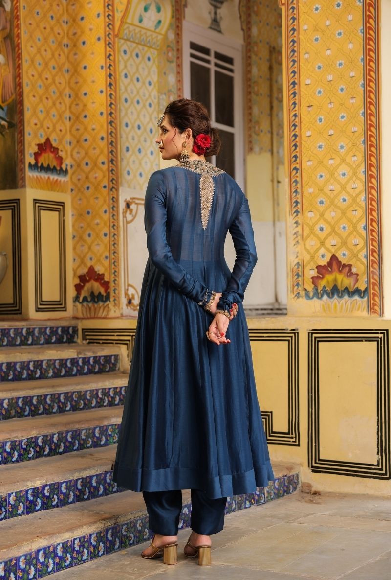 Blue Heavy Yoke Mehfil Anarkali Set