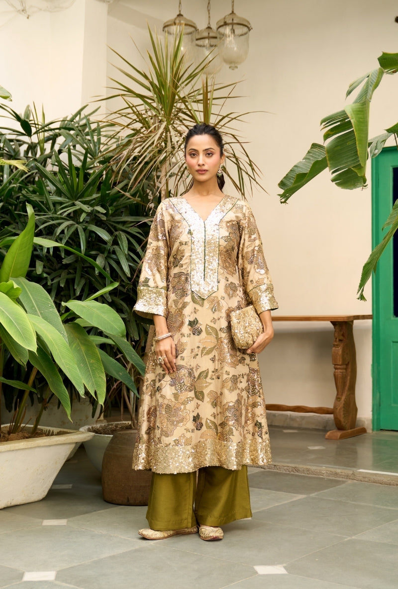 Beige Floral Print Nadira Kurta Set