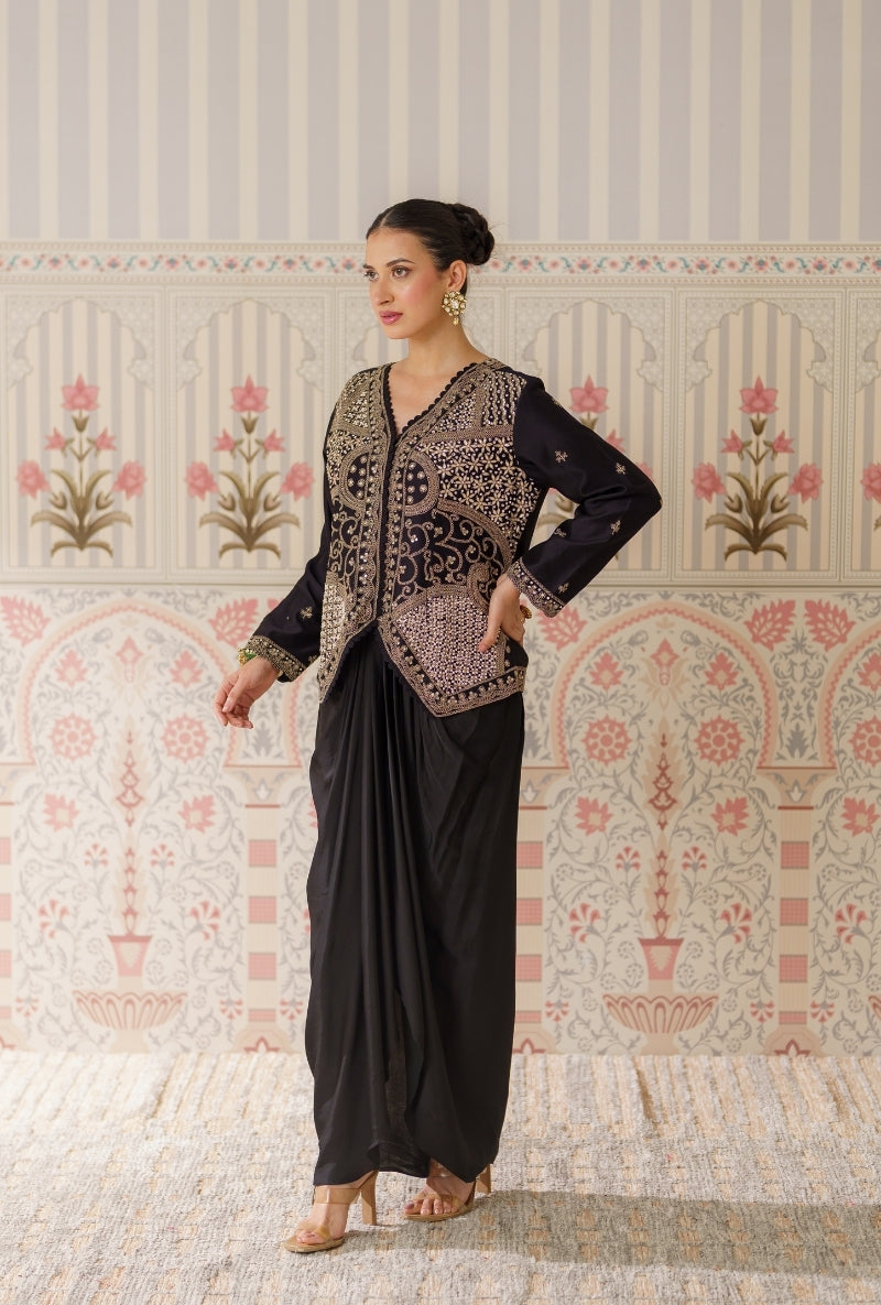 Black Heavy Embroidered Mallika Jacket Set