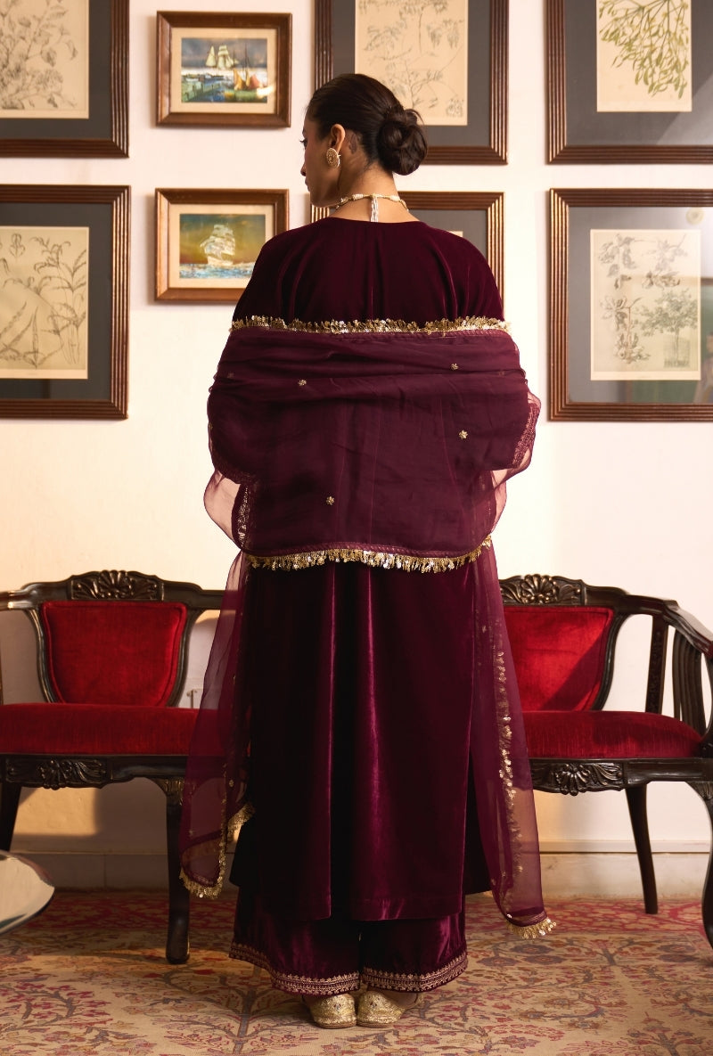 Wine Choga Style Panneled Dilbar Kurta Set