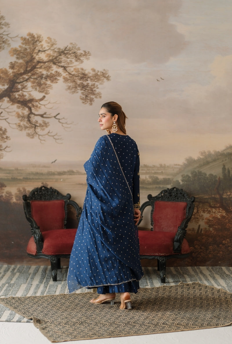 Blue Embroidered Front Slit Gulbano Anarakli Set