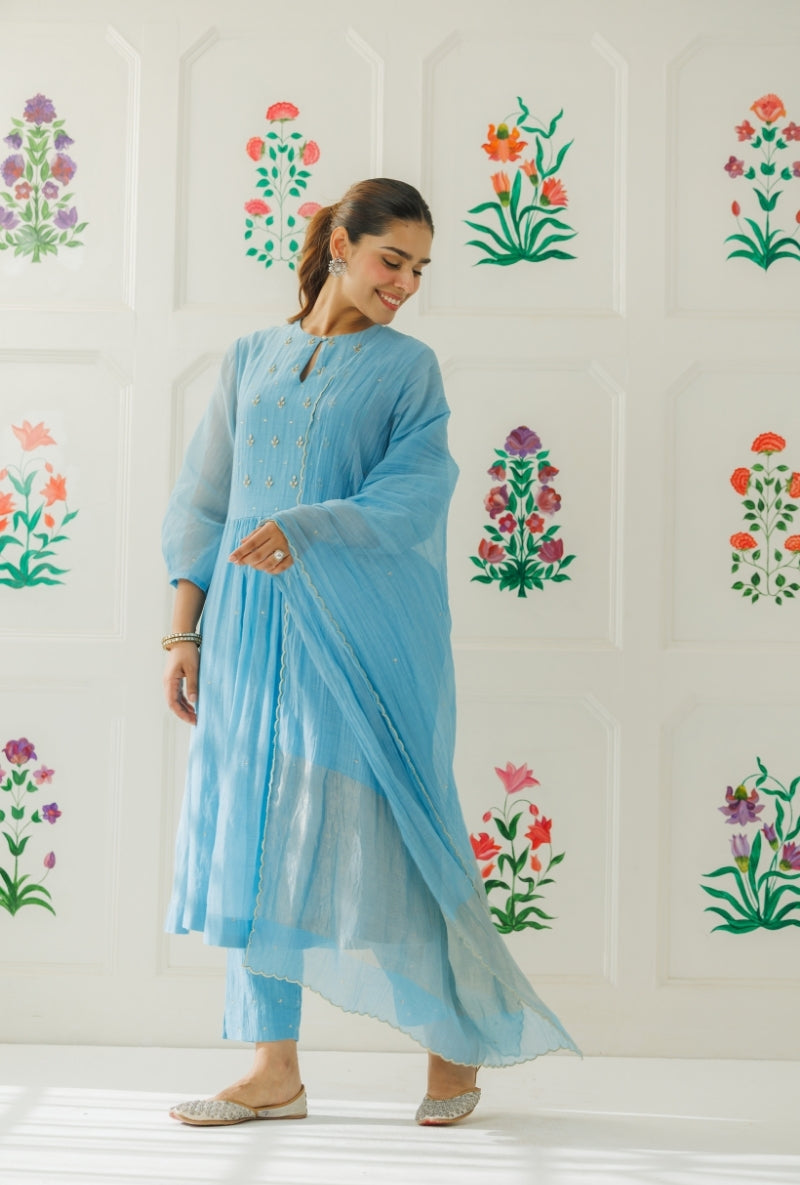 Light Blue Pitta Work Front Gather Baani Kurta Set
