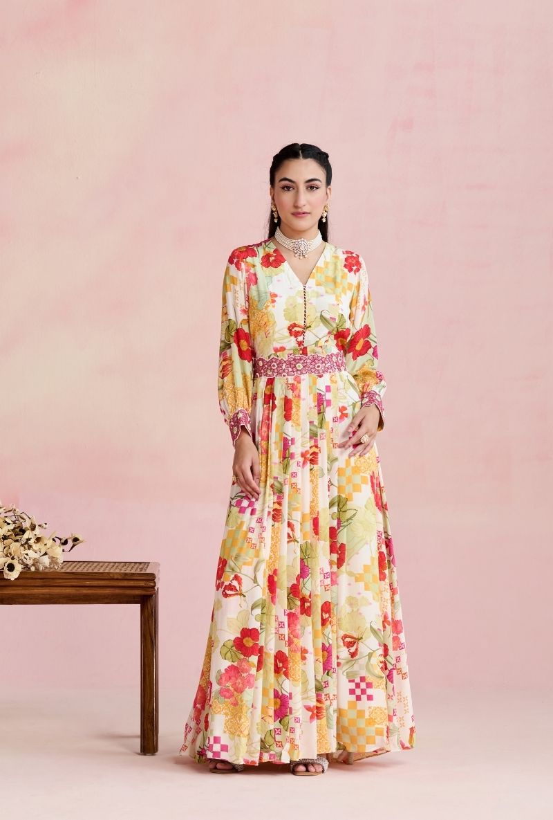 Multi Color Embroidered Waist Band Amara Maxi Dress
