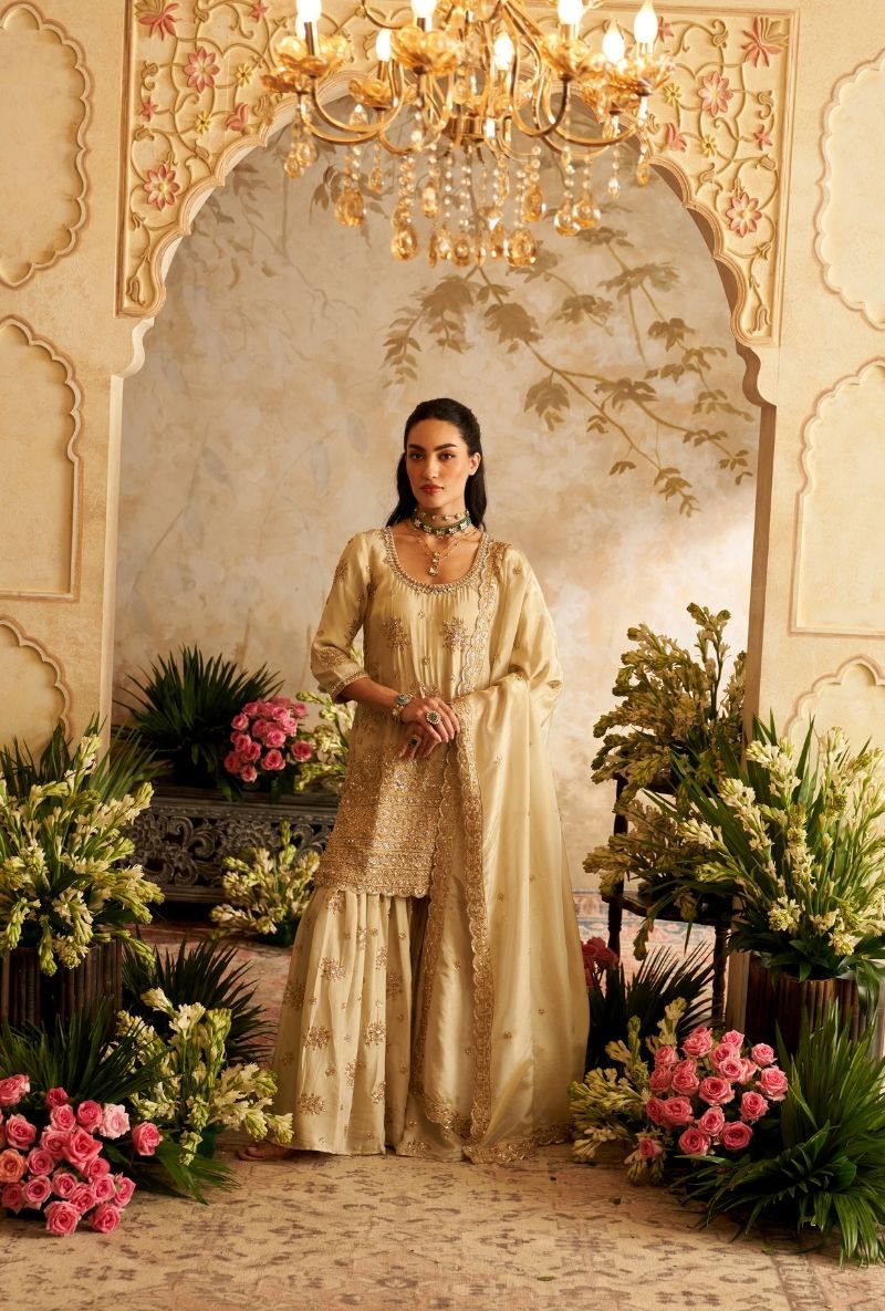 Ivory Round Neck Embroidered Rumi Gharara Set