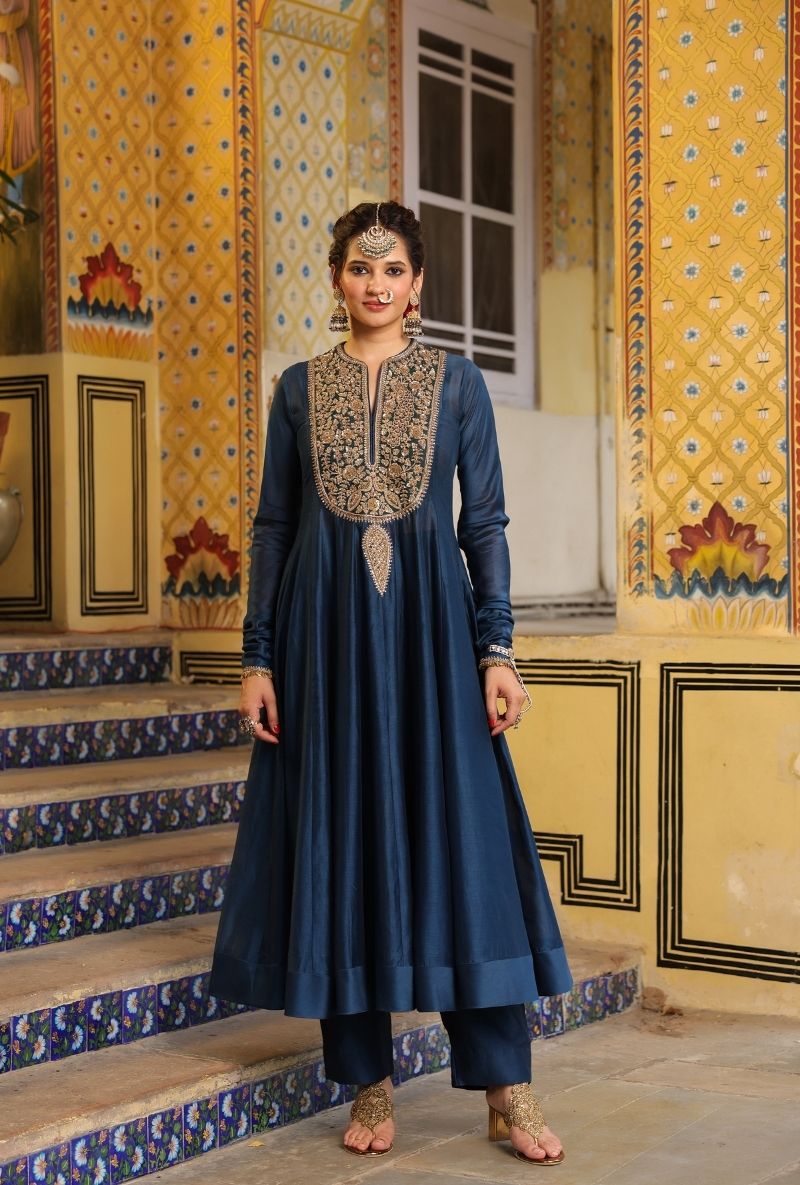 Blue Heavy Yoke Mehfil Anarkali Set