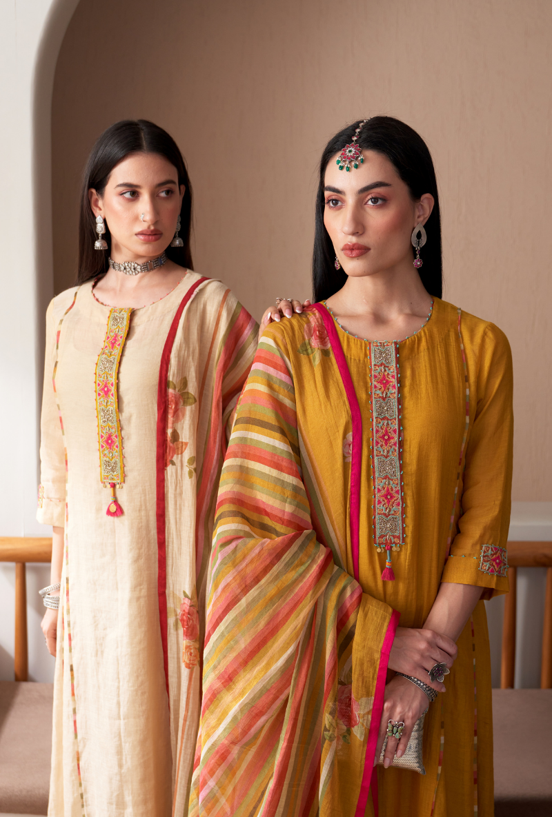 Mustard Embroidered Placket Bageecha Anarkali Set