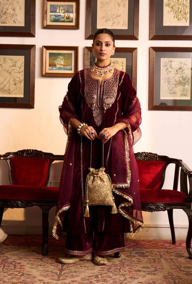 Wine Choga Style Panneled Dilbar Kurta Set