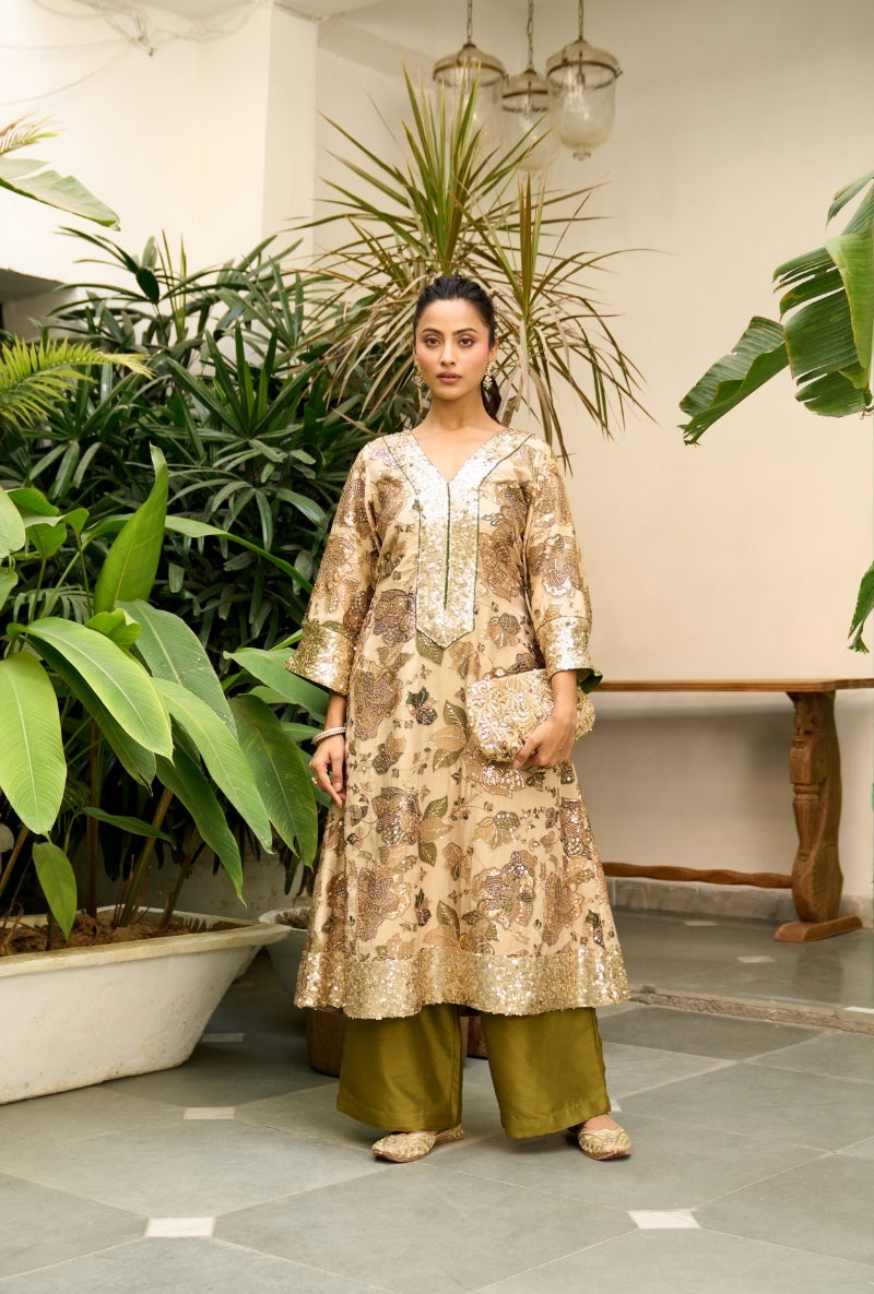Beige Floral Print Nadira Kurta Set