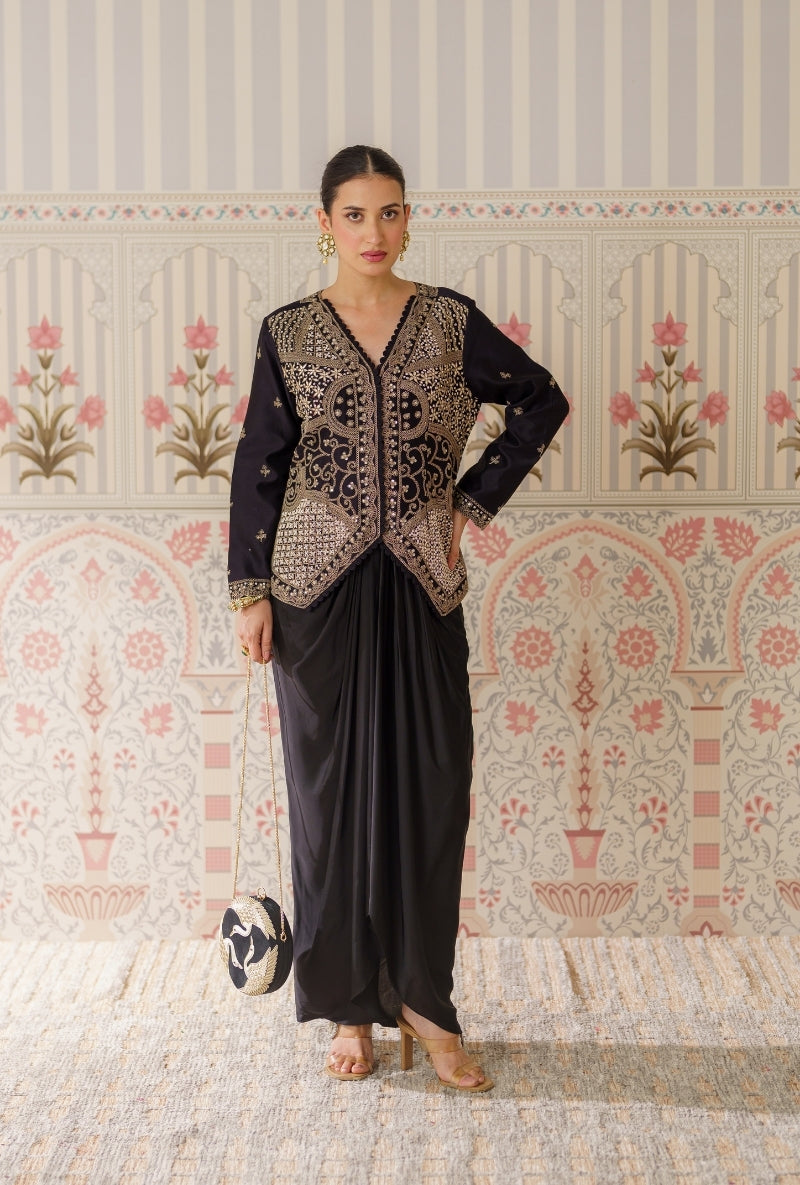 Black Heavy Embroidered Mallika Jacket Set