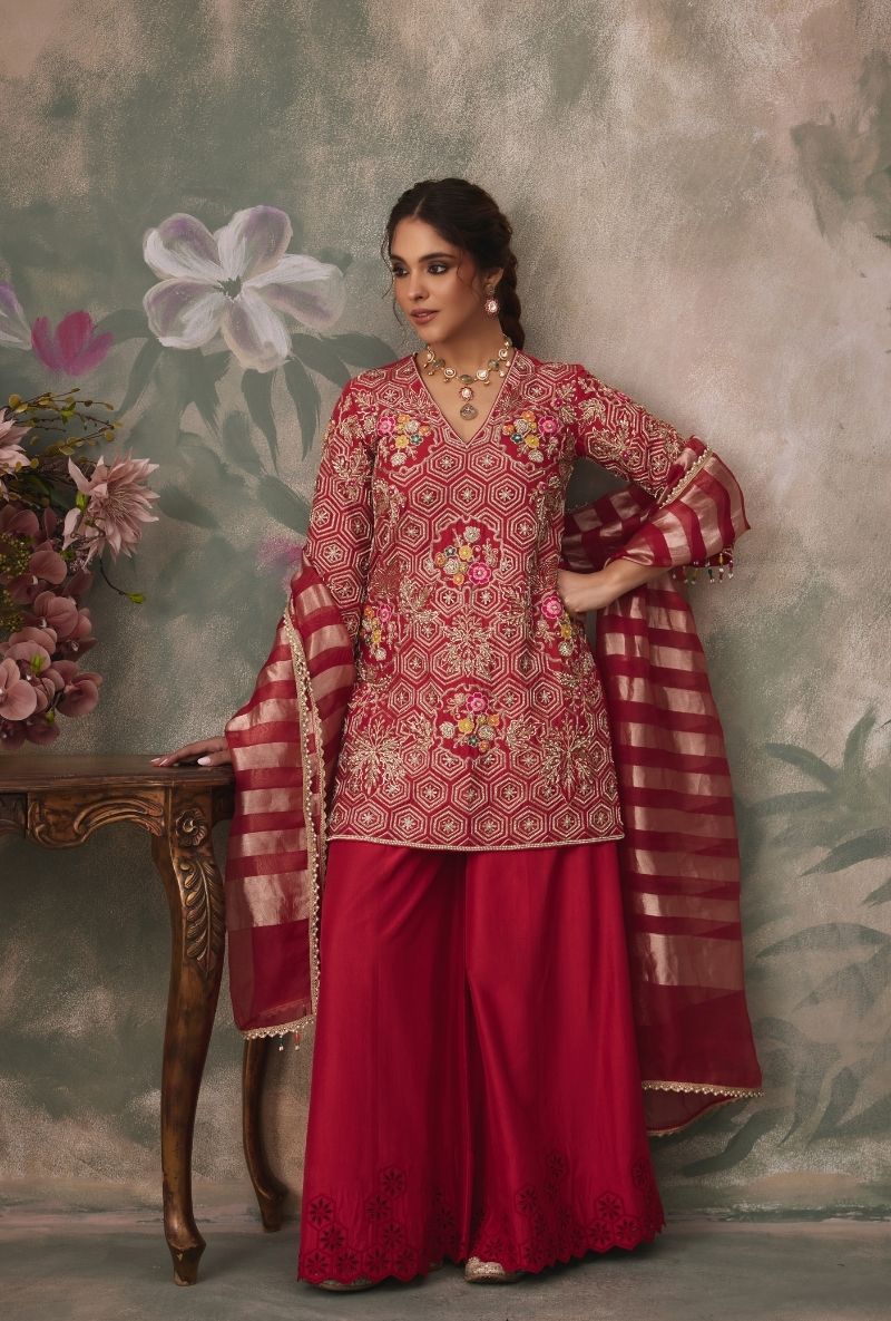 Red Heavy Embroidered Kurta Jalsa Sharara Set