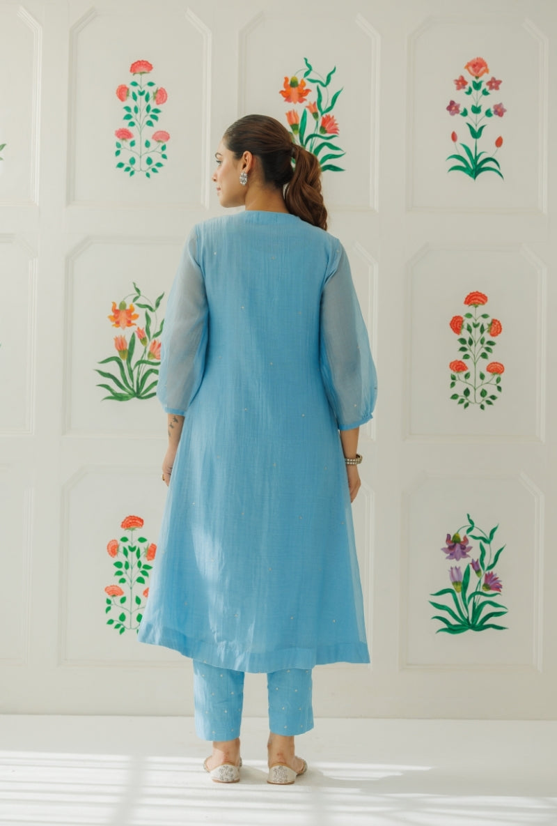 Light Blue Pitta Work Front Gather Baani Kurta Set