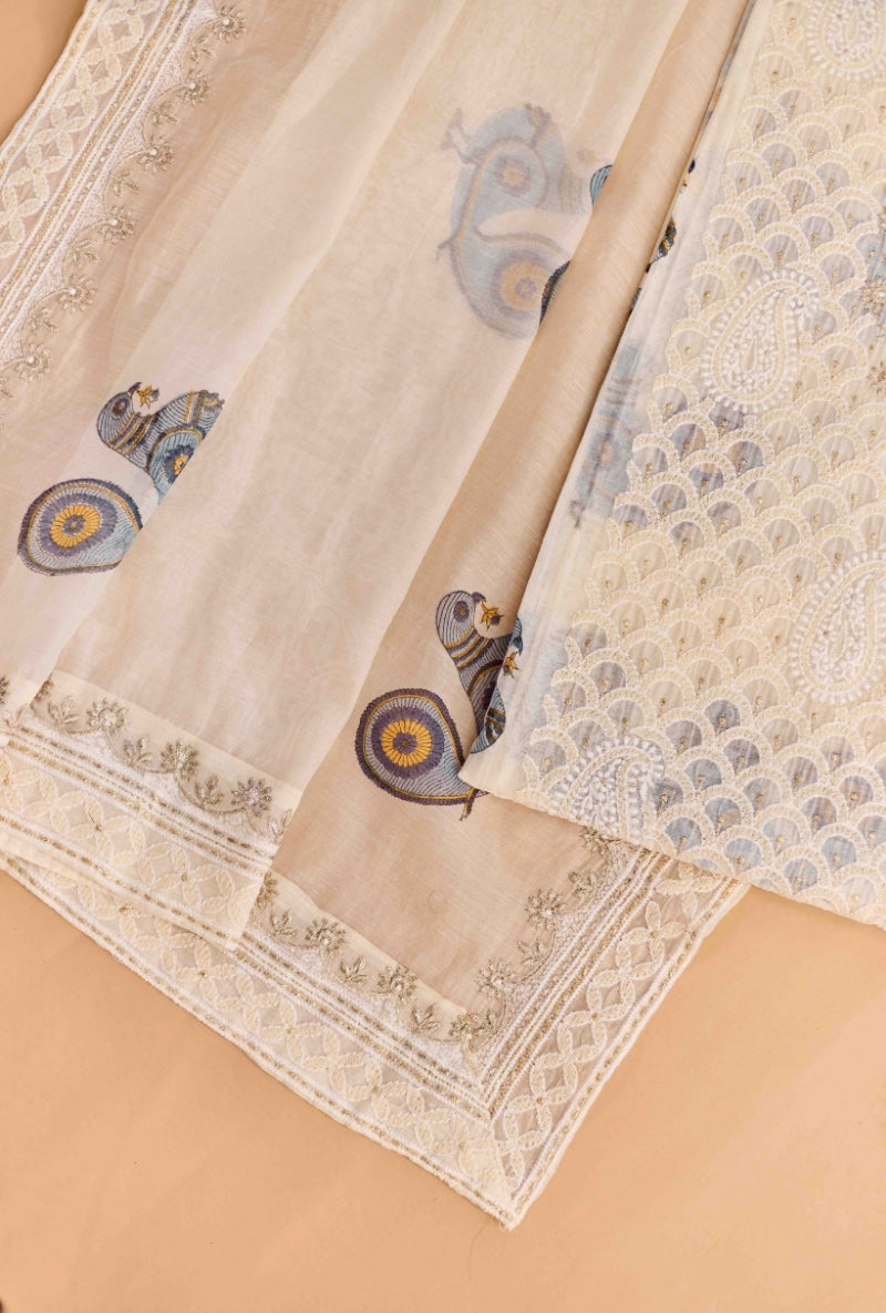 All Over Block Print Lucknowi Embroidery Unstitched Suit Set