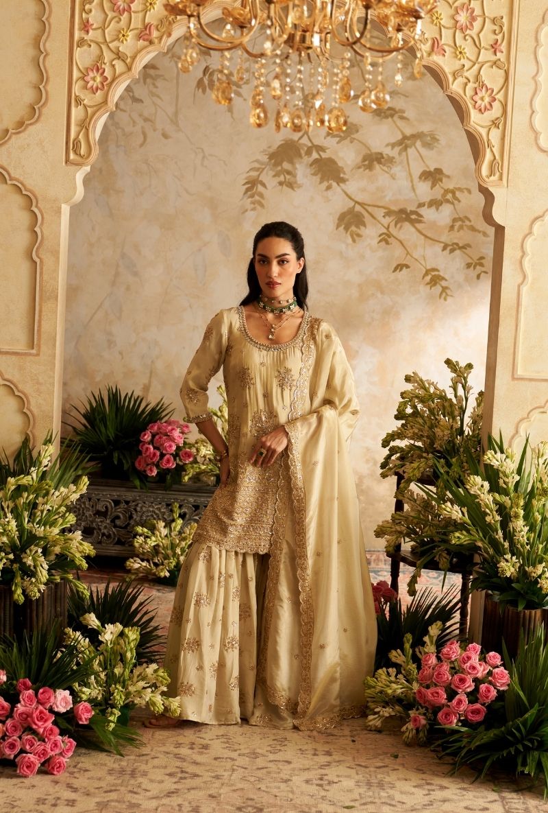Ivory Round Neck Embroidered Rumi Gharara Set