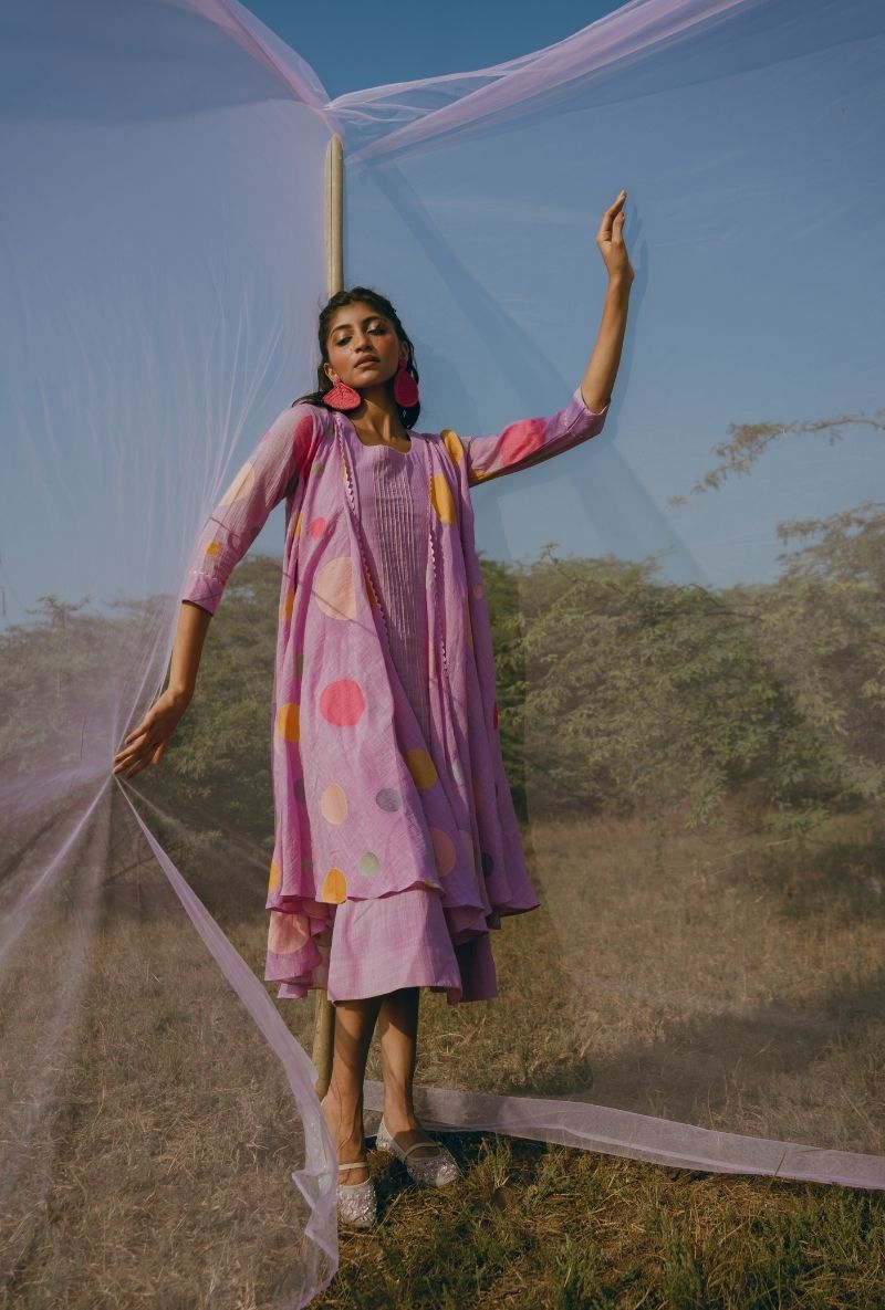 Lilac Colorful Polka Barfi Jacket Set