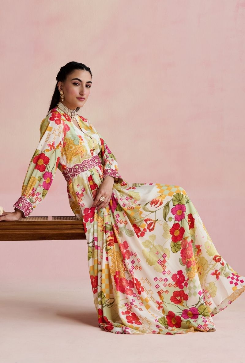 Multi Color Embroidered Waist Band Amara Maxi Dress