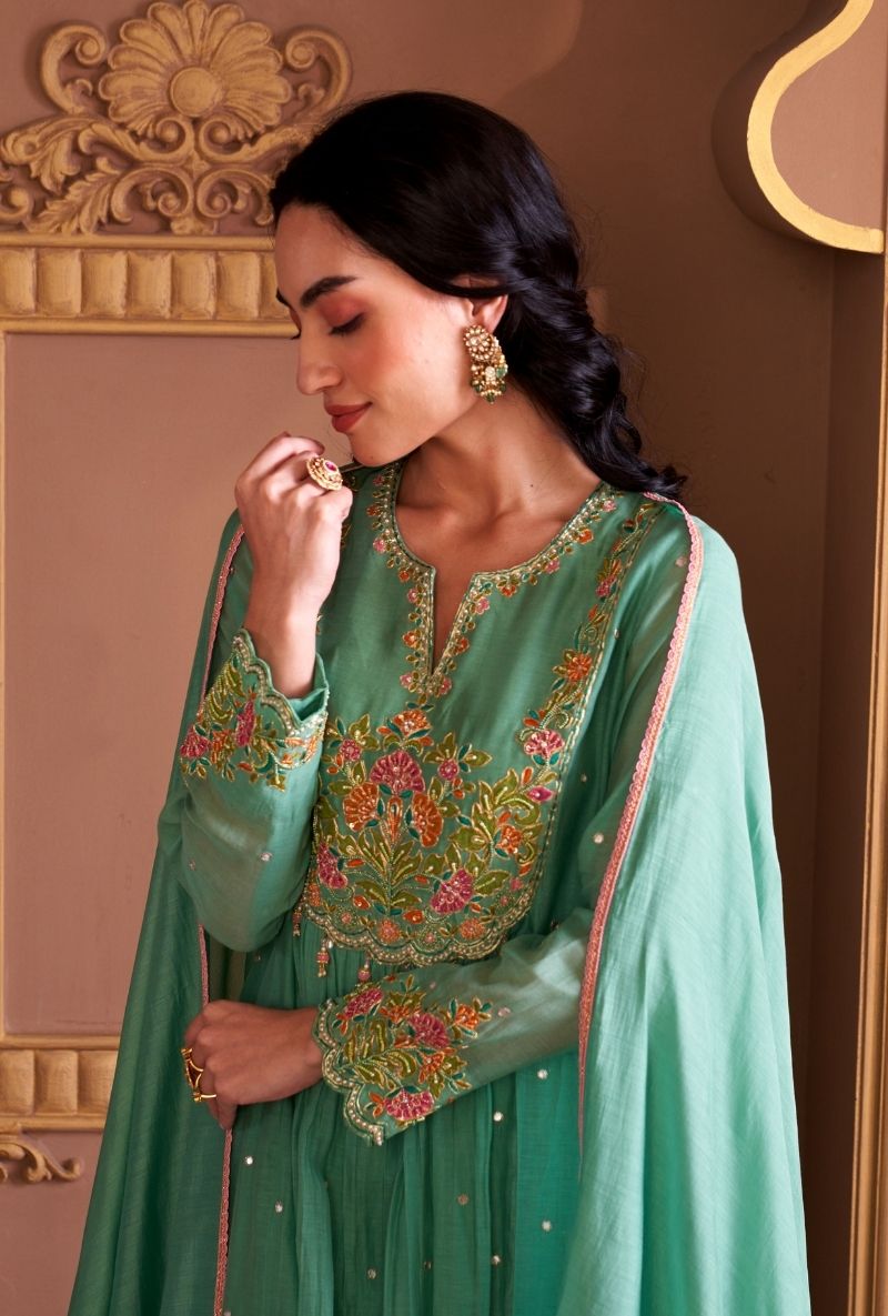 Aqua Resham Front Pleat Rasia Kurta Set