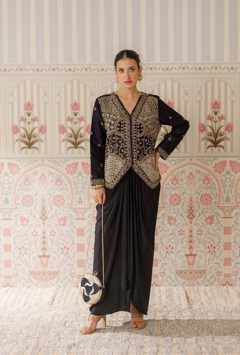 Black Heavy Embroidered Mallika Jacket Set