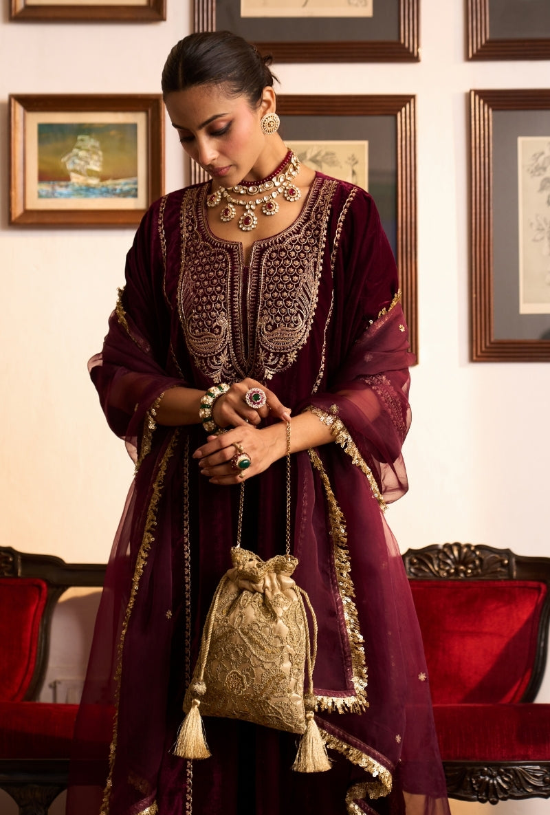Wine Choga Style Panneled Dilbar Kurta Set