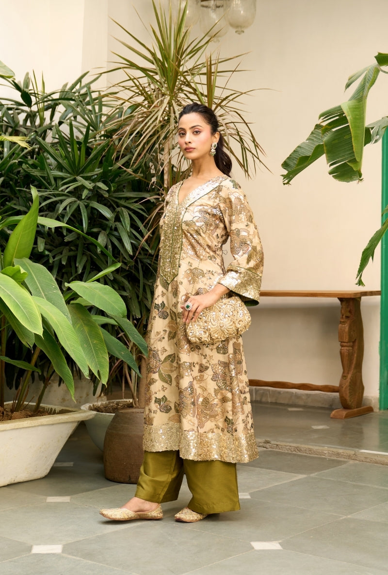 Beige Floral Print Nadira Kurta Set