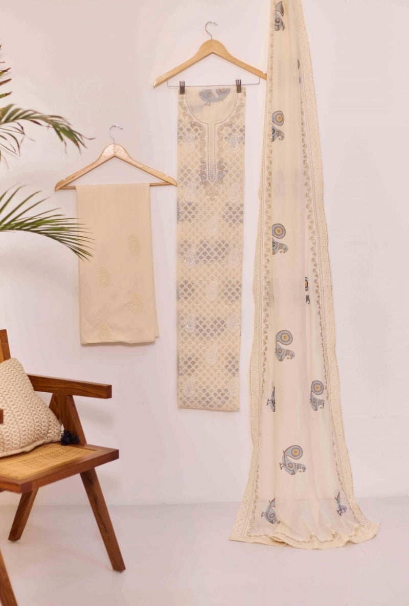 All Over Block Print Lucknowi Embroidery Unstitched Suit Set