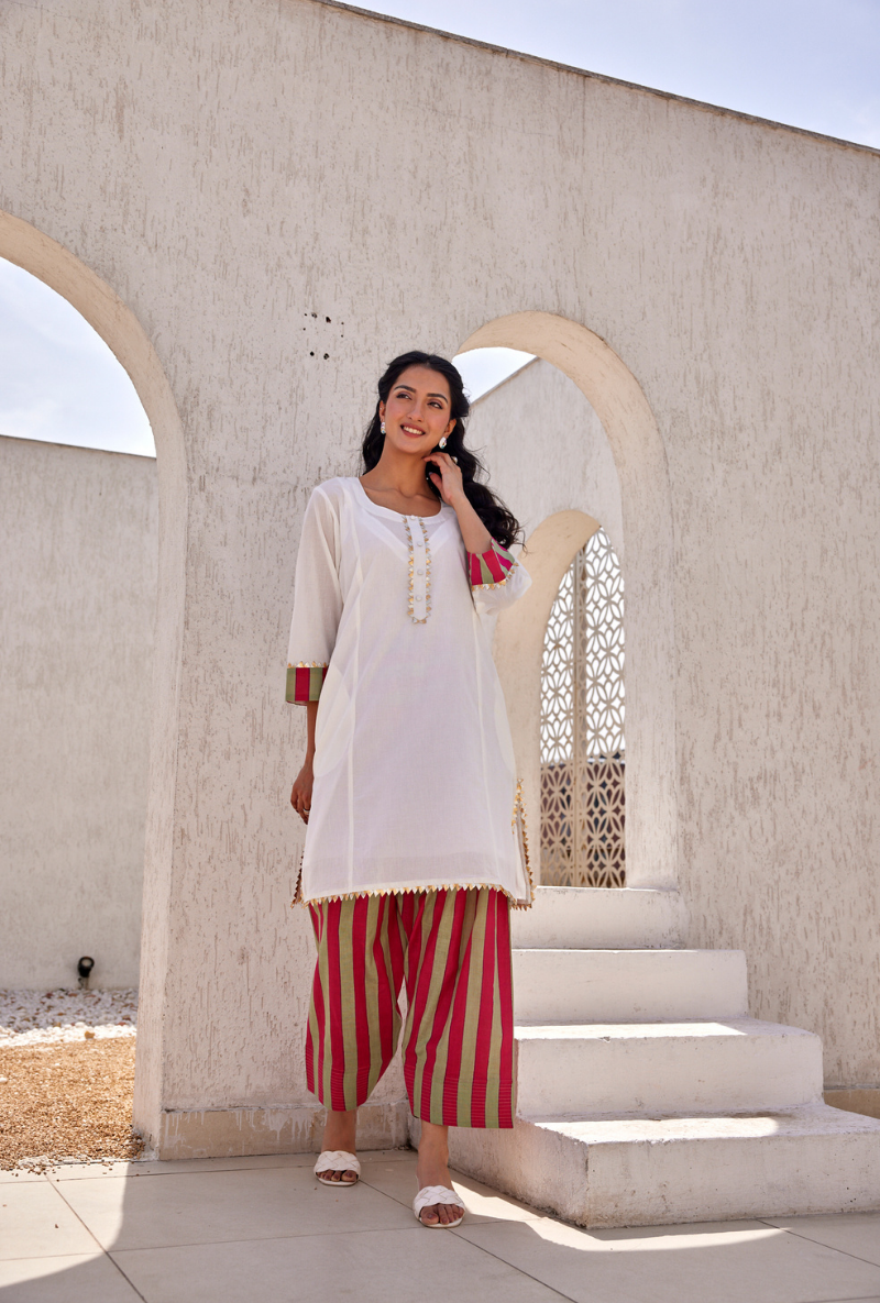 Pink And Green Stripes Peony Farshi Salwar Set