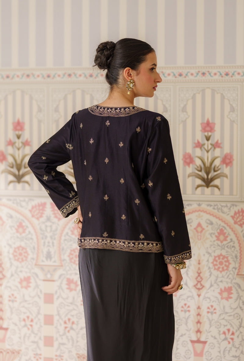 Black Heavy Embroidered Mallika Jacket Set