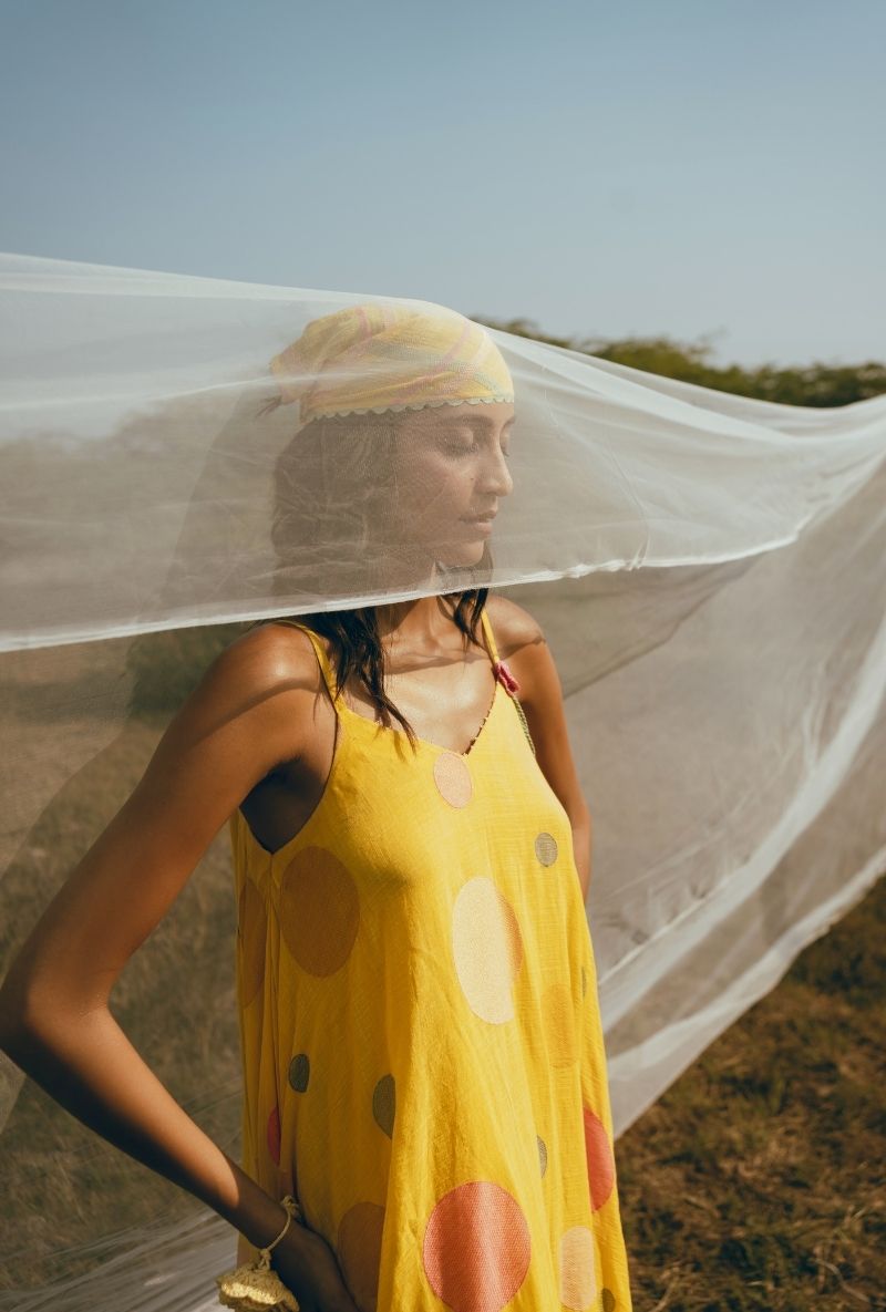 Yellow Polka Sleeveless A-Line Barfi Dress