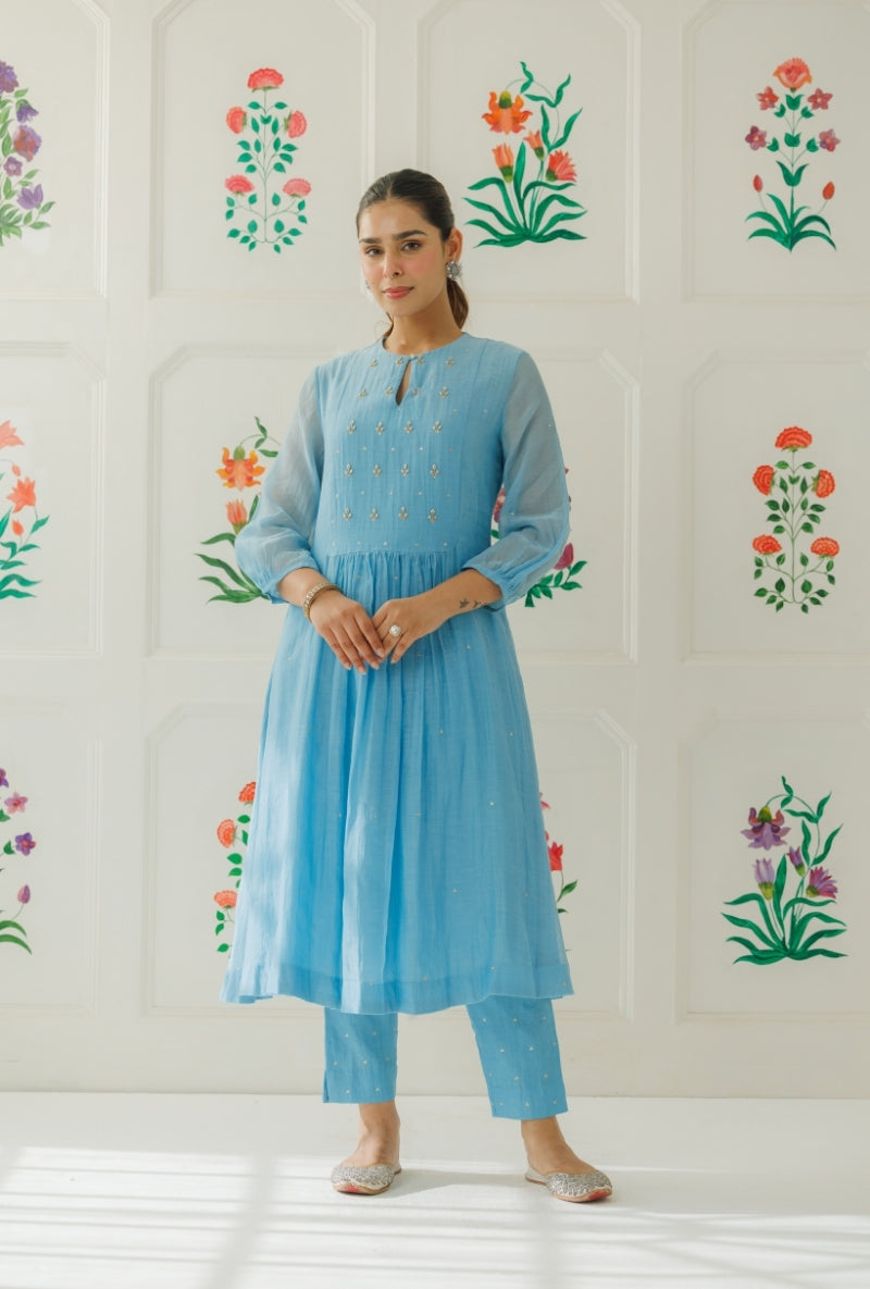Light Blue Pitta Work Front Gather Baani Kurta Set