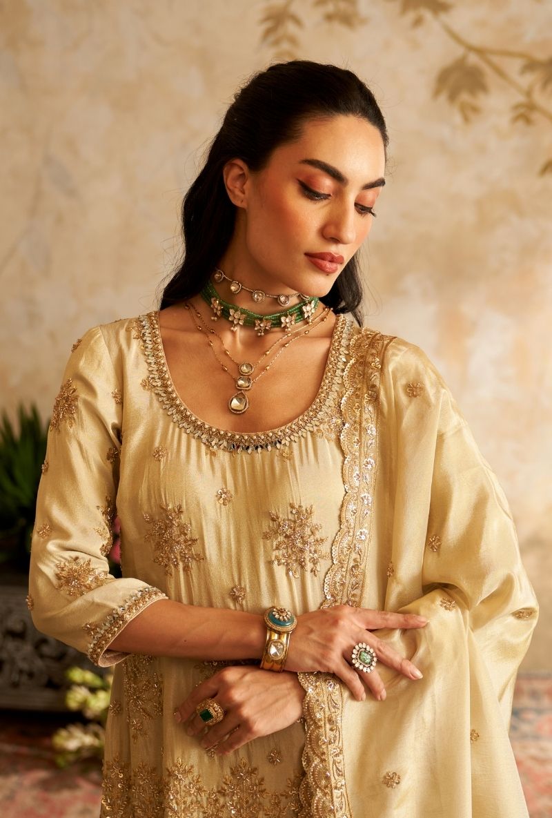 Ivory Round Neck Embroidered Rumi Gharara Set