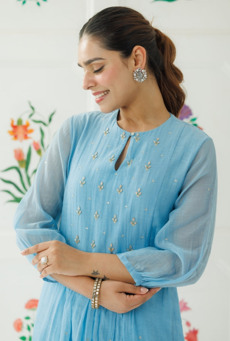 Light Blue Pitta Work Front Gather Baani Kurta Set