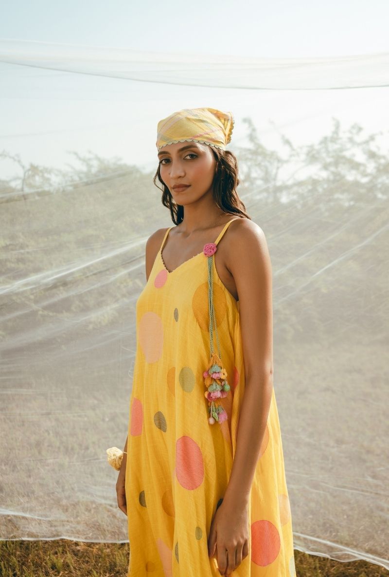 Yellow Polka Sleeveless A-Line Barfi Dress