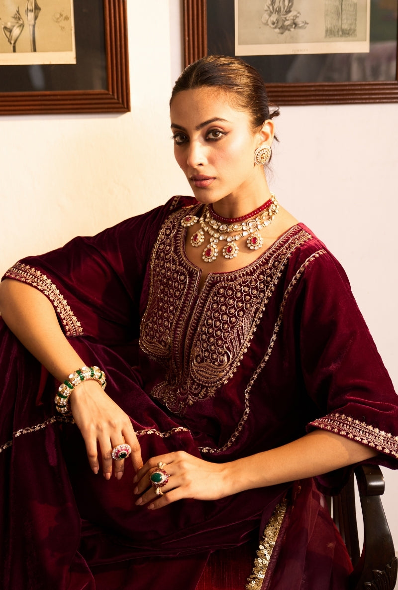 Wine Choga Style Panneled Dilbar Kurta Set