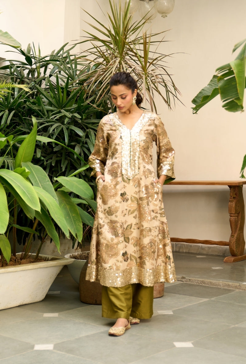 Beige Floral Print Nadira Kurta Set