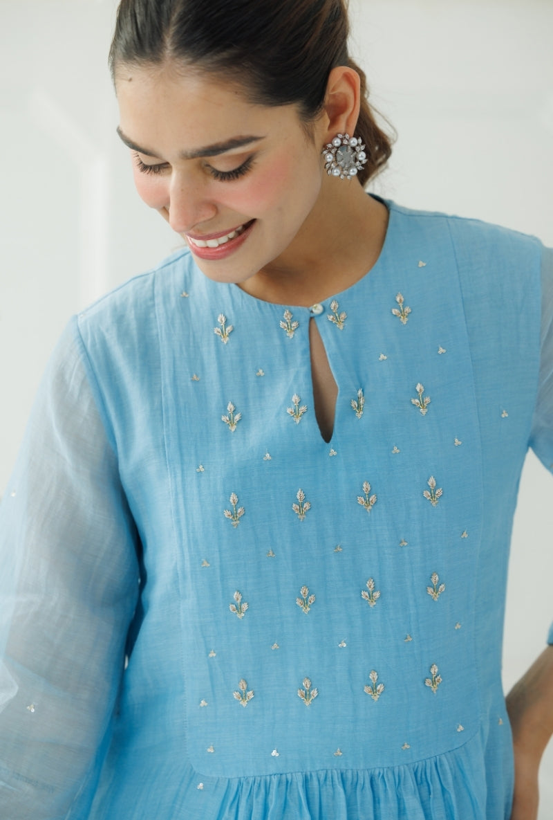 Light Blue Pitta Work Front Gather Baani Kurta Set
