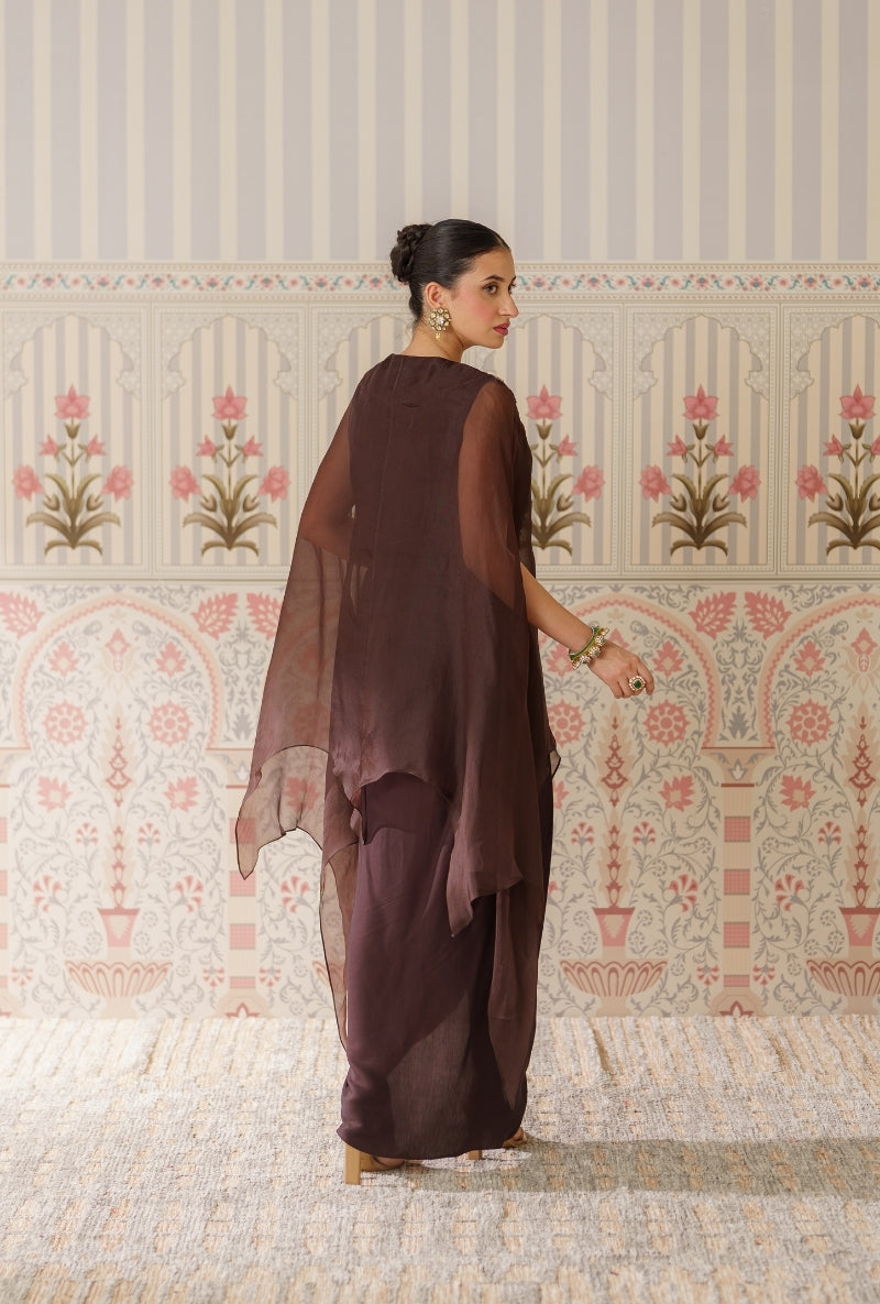 Brown Heavy yoke Hand Embroidered Mallika Cape Set