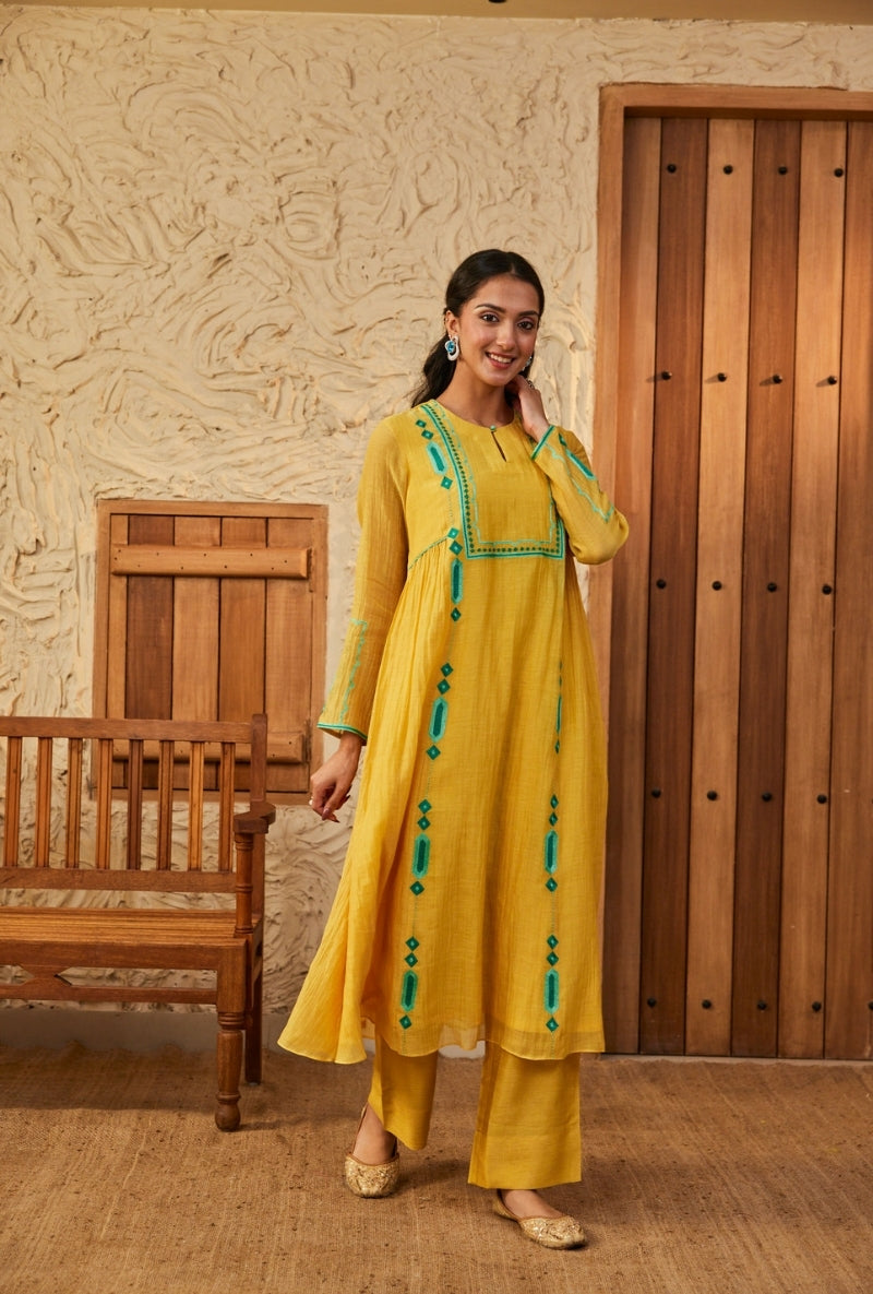 Yellow Resham Yoke A-Line Aadhya Kurta Set