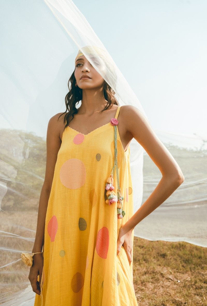 Yellow Polka Sleeveless A-Line Barfi Dress