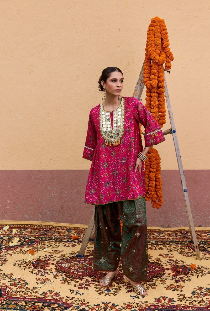 Pink Embroidered Yoke Patola Oorja Salwar Set