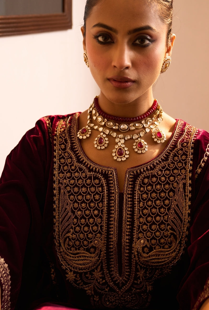 Wine Choga Style Panneled Dilbar Kurta Set