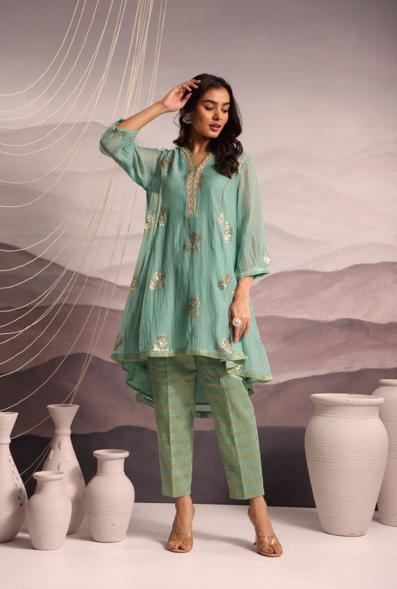 Aqua Embroidered Chanderi High Low Surily Kurta Set