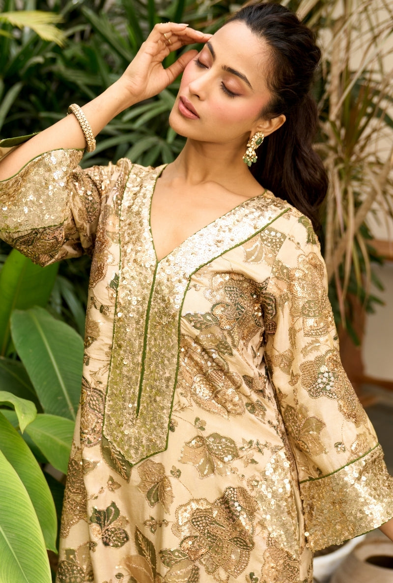 Beige Floral Print Nadira Kurta Set