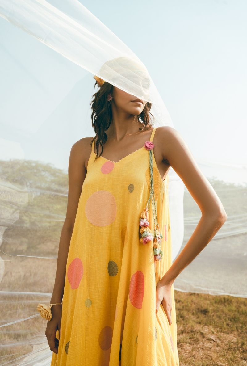 Yellow Polka Sleeveless A-Line Barfi Dress