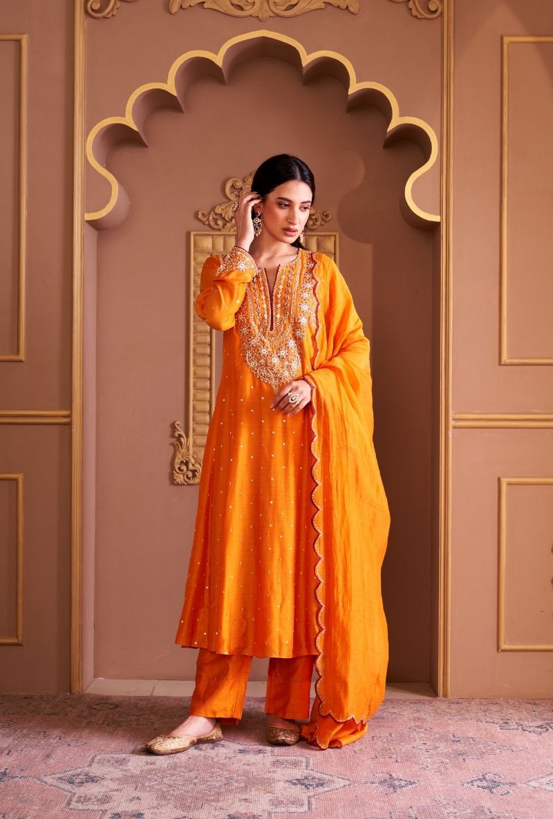 Mustard Heavy Yoke Rasia Kurta Set